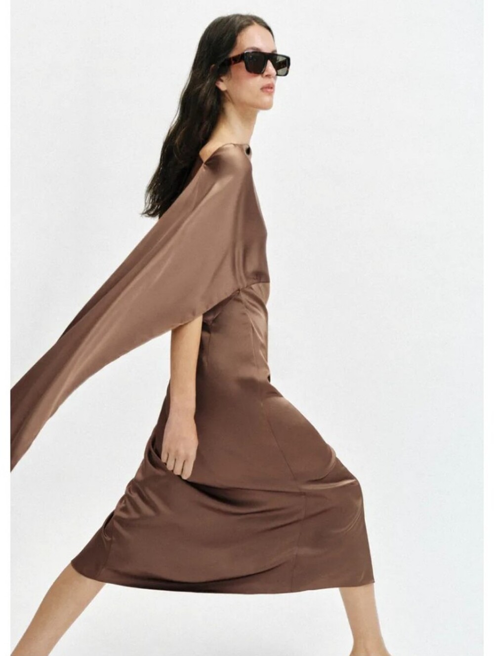Zara Satin Effect Cape Brown Midi Dress - Picture 5 of 10